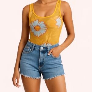 Zara Trafaluc Sheer Yellow Daisy Mesh Bodysuit Size S Y2K Floral Festival Style